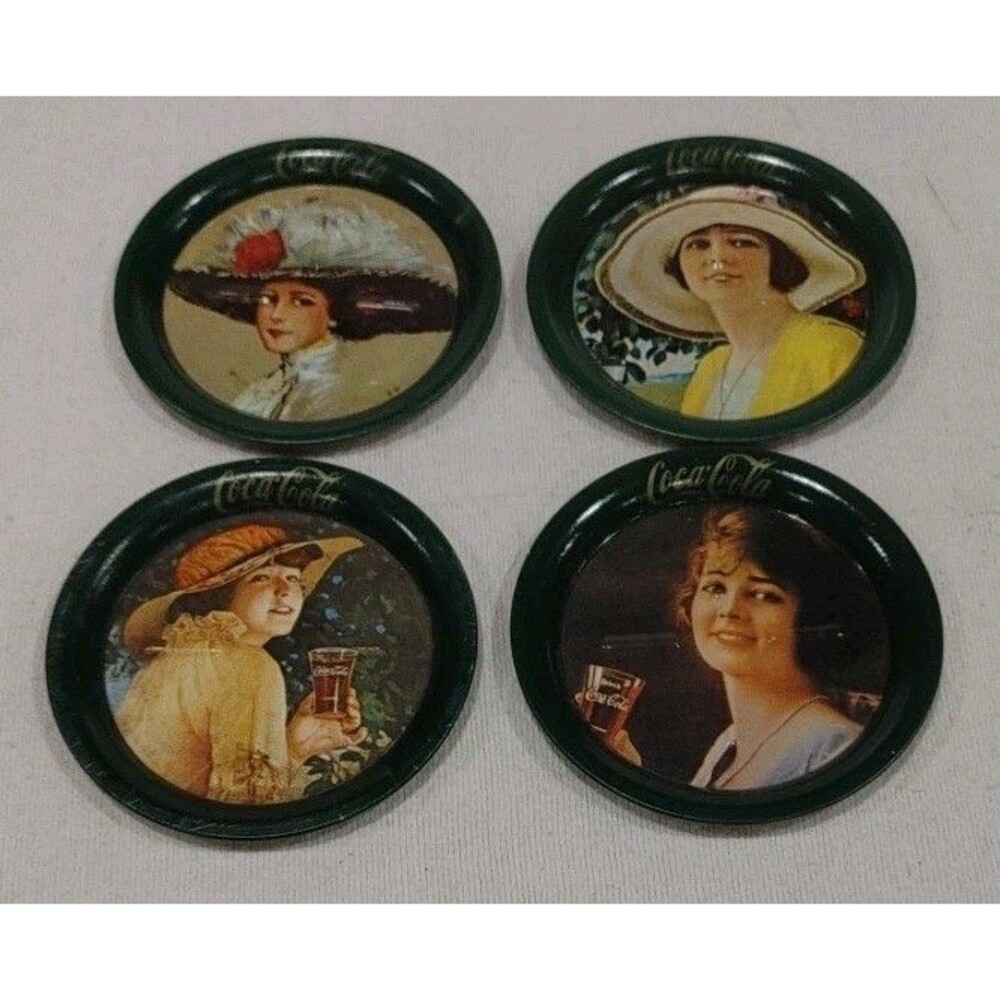 4 Coca Cola Drink Coasters Set Vtg 1983 Repro Display Ohio Art Advertising 3.5"